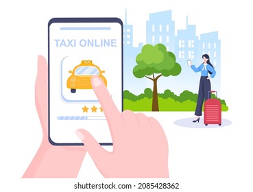 Online Taxi Booking Travel Service Flat Design Illustration via Mobile App on Smartphone Take Someone to a Destination Suitable for Background, Poster or Banner