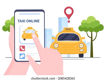 Servicio de viajes de reserva de taxis en línea Ilustración de diseño plano a través de aplicación móvil en Smartphone llevar a alguien a un destino adecuado para antecedentes, afiche o pancarta