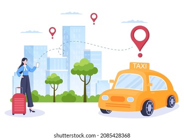 Online Taxi Booking Travel Service Flat Design Illustration via Mobile App on Smartphone Take Someone to a Destination Suitable for Background, Poster or Banner