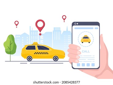 Online Taxi Booking Travel Service Flat Design Illustration via Mobile App on Smartphone Take Someone to a Destination Suitable for Background, Poster or Banner