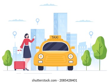 Servicio de viajes de reserva de taxis en línea Ilustración de diseño plano a través de aplicación móvil en Smartphone llevar a alguien a un destino adecuado para antecedentes, afiche o pancarta