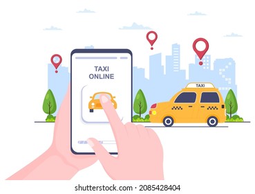 Online Taxi Booking Travel Service Flat Design Illustration via Mobile App on Smartphone Take Someone to a Destination Suitable for Background, Poster or Banner