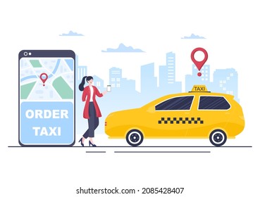 Online Taxi Booking Travel Service Flat Design Illustration via Mobile App on Smartphone Take Someone to a Destination Suitable for Background, Poster or Banner