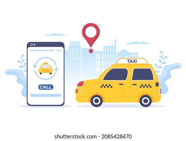 Online Taxi Booking Travel Service Flat Design Illustration via Mobile App on Smartphone Take Someone to a Destination Suitable for Background, Poster or Banner