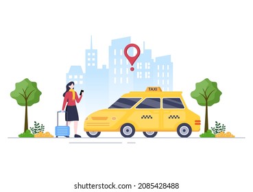 Online Taxi Booking Travel Service Flat Design Illustration via Mobile App on Smartphone Take Someone to a Destination Suitable for Background, Poster or Banner