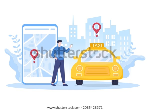 Online Taxi Booking Travel
Service Flat Design Illustration via Mobile App on Smartphone Take
Someone to a Destination Suitable for Background, Poster or
Banner