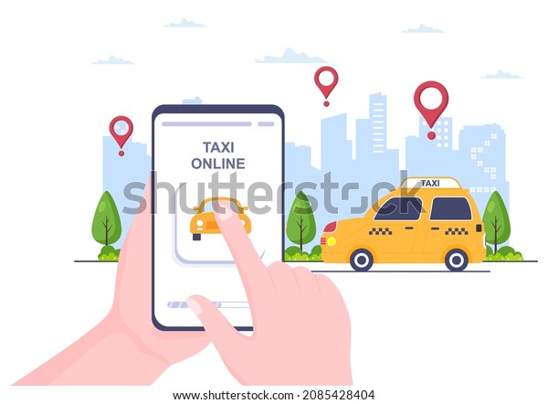 Online Taxi Booking Travel
Service Flat Design Illustration via Mobile App on Smartphone Take
Someone to a Destination Suitable for Background, Poster or
Banner