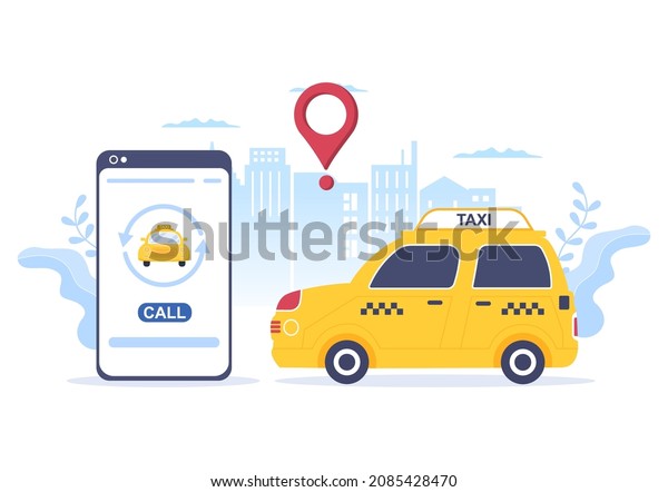Online Taxi Booking Travel\
Service Flat Design Illustration via Mobile App on Smartphone Take\
Someone to a Destination Suitable for Background, Poster or\
Banner