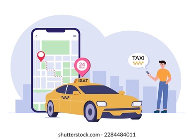 Reserva de Taxi en línea a través de la aplicación móvil en Smartphone, concepto de intercambio de cartones en línea.