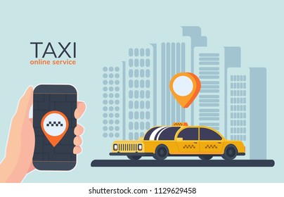 Online Taxi car service. Online cab booking. Service for transportation passengers. Mobile phone in hand with geolocation mark. Flat vector illustration.