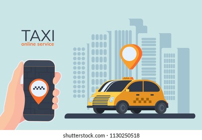 Online Taxi car service. Online cab booking. Service for transportation passengers. Mobile phone in hand with geolocation mark. Flat vector illustration.