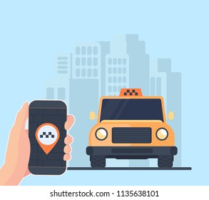 Online Taxi car service. Online cab booking. Service for transportation passengers. Minivan with city background. Mobile phone in hand with geolocation mark. Flat vector illustration.