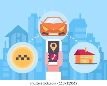 Online Taxi car service. Online cab booking. Service for transportation passengers. Mobile phone in hand with geolocation mark. Flat vector illustration.