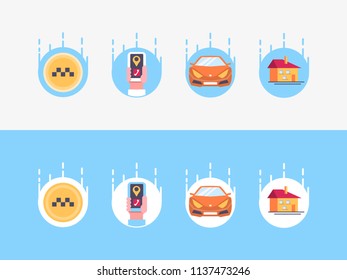 Online Taxi car service icon. Online cab booking. Service for transportation passengers. Mobile phone in hand with geolocation mark. Flat vector illustration.