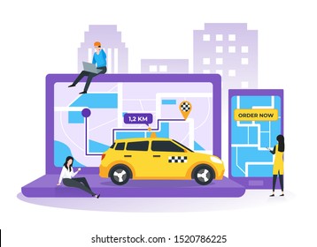 Online taxi, car sharing service, mobile city transportation concept. People ordering taxi cab using mobile application service with route and points location on city map