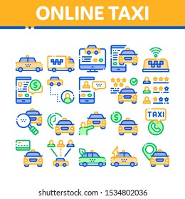 Online Taxi Collection Elements Icons Set Vector Thin Line. Taxi Truck And Car, Mobile Application, Web Site And Human Silhouette Concept Linear Pictograms. Color Contour Illustrations
