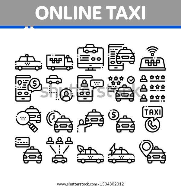 Online Taxi Collection Elements Icons Set\
Vector Thin Line. Taxi Truck And Car, Mobile Application, Web Site\
And Human Silhouette Concept Linear Pictograms. Monochrome Contour\
Illustrations