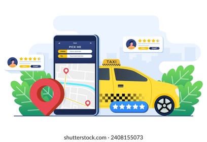 Concepto de taxi en línea ilustración plana, aplicación de servicio de taxi en pantalla de smartphone, alquiler y uso compartido de coches, uso compartido de vehículos remotos, pin de navegación, Smartphone con ubicación de rutas y puntos en el mapa de la ciudad