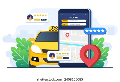 Concepto de taxi en línea ilustración plana, aplicación de servicio de taxi en pantalla de smartphone, alquiler y uso compartido de coches, uso compartido de vehículos remotos, pin de navegación, Smartphone con ubicación de rutas y puntos en el mapa de la ciudad