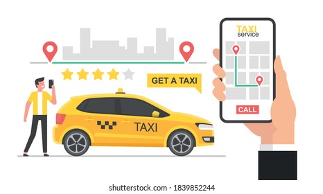 Online taxi concept. Hand holding smartphone with taxi application on a screen. Booking taxi online concept design. Taxi app