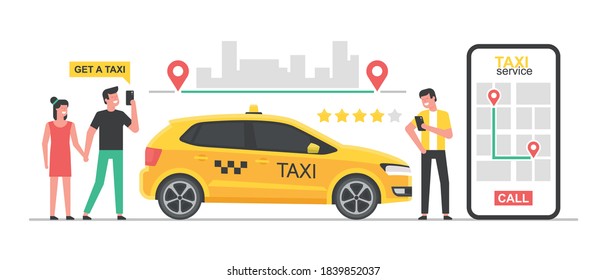 Concepto de taxi en línea. La gente llama al auto para viajar por la ciudad usando una aplicación móvil. Diseño de concepto de taxi para reservar. Aplicación Taxi