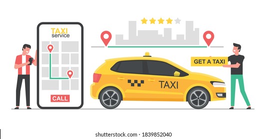 Online taxi concept. People call the car to travel around the city using a mobile app. Booking taxi online concept design. Taxi app