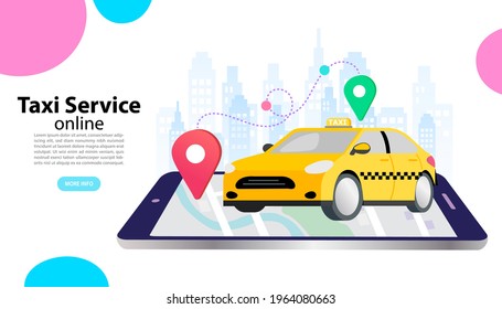 Online Taxi Concept. rent and sharing using service mobile application. smartphone screen with route and points location on a city map on the car and urban landscape background. Vector