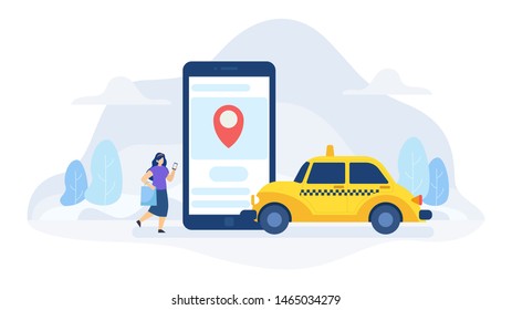 Online Taxi Concept Vector Flat Illustration for landing page, wallpaper, background, banner, advertising, web, business