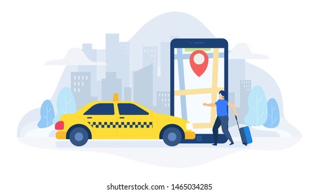 Online Taxi Concept Vector Flat Illustration for landing page, wallpaper, background, banner, advertising, web, business