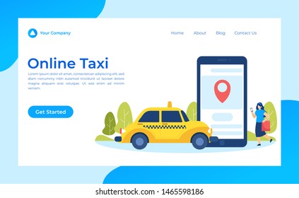 Online Taxi Concept Vector Flat Illustration for landing page, wallpaper, background, banner, advertising, web, business