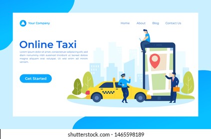 Online Taxi Concept Vector Flat Illustration for landing page, wallpaper, background, banner, advertising, web, business