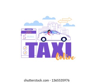 Online Taxi Driver Application. Vehicle Order Service Banner. Trendy Color Illustration of Car Pool with Smartphone App, Vehicle Route and Geo Location. Clean Line Flat Cityscape Design.