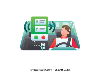 The Online Taxi Driver Uber Or Grab Car Fell Asleep From Exhaustion In The Car When An Order Came In Through A Notification On His Smartphone. Ride Sharing Carpool Vector Illustration