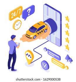 Online Taxi Isometric Concept. Hand from phone with taxi car. passenger and route pin. Online internet taxi 24/7 service concept. isometric icons. isolated vector illustration