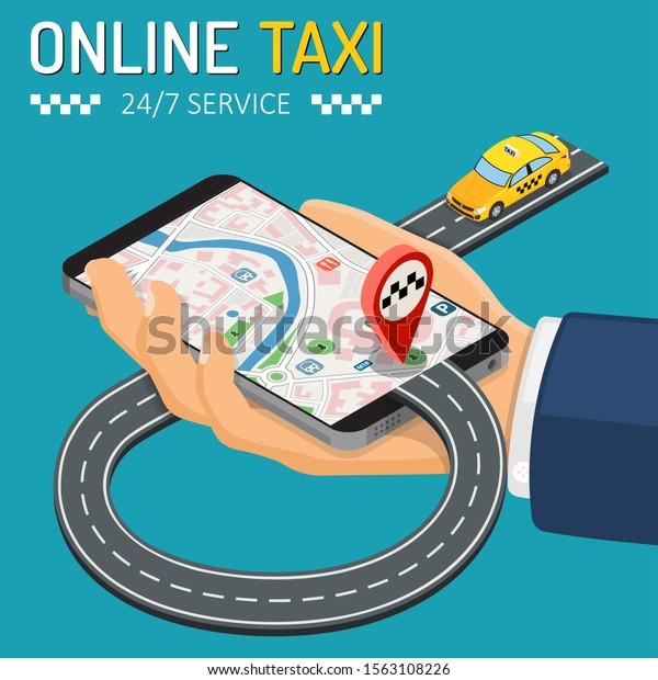 Online Taxi Isometric\
Concept. Hand with smartphone, taxi car, road and route pin. Online\
taxi 24/7 service concept. isometric icons. isolated vector\
illustration