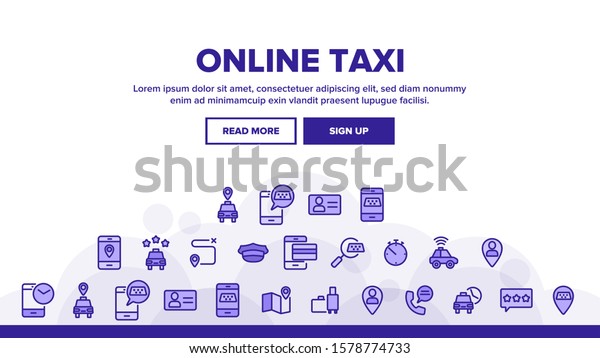 Online Taxi Landing Web Page Header\
Banner Template Vector. Smartphone With Gps Mark And Baggage, Card\
And Direction, Stopwatch And Taxi Car\
Illustration