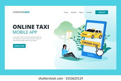 Online taxi mobile application web page template. Car sharing service and online city transportation concept for website and mobile website development