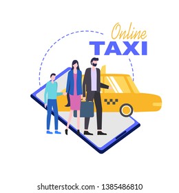 Online Taxi Mobile Phone Service Vector Illustration. Order Car Home Business Computer Smartphone Tablet Application Family Ride Internet Payment Technology Cab Transport Purchase App