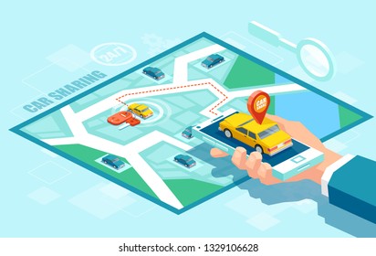 Online taxi oder carpool service app concept. Vector of a hand holding smartphone with yellow cab and GPS route point pins on a map