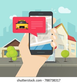 Online taxi on mobile phone and city vector illustration, flat cartoon design of smartphone, taxicab in bubble, map location destination, person calling or taking taxi in cellphone in town street
