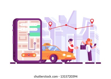Online taxi open mobile app on smartphone screen. Woman calling taxicab via cellphone application flat vector illustration. Driver helping girl with baggage