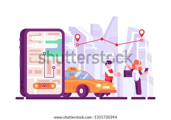 Online taxi open mobile app on\
smartphone screen. Woman calling taxicab via cellphone application\
flat vector illustration. Driver helping girl with\
baggage
