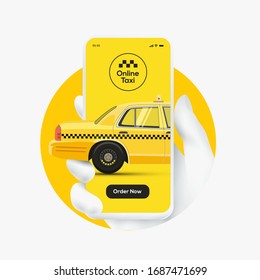 Online taxi order concept. White hand silhouette holding smartphone with yellow cab silhouette and order now button on yellow background. Vector illustration