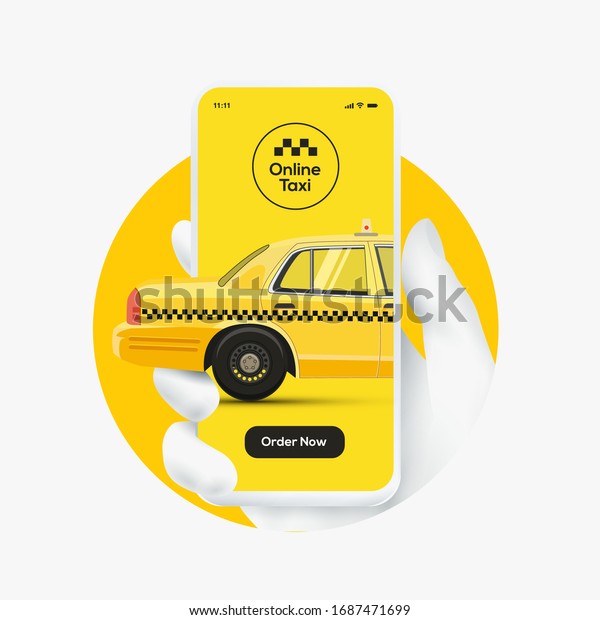 Online taxi order concept. White hand\
silhouette holding smartphone with yellow cab silhouette and order\
now button on yellow background. Vector\
illustration