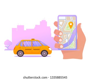 Online taxi order mobile application concept.Flat illustration vector.City skyline skyscrapers.Vehicle side view.Electro car.Hand holds a smartphone with a map.