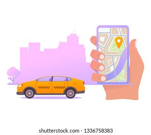 Online taxi order mobile application concept.Hand holding smart phone app on display map. Yellow cab city silhouette with skyscrapers.Flat illustration vector.