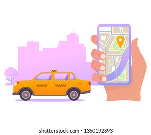 Online taxi order mobile application concept.Hand holding smart phone app on display map. Yellow cab city silhouette with skyscrapers.Flat illustration vector.