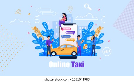 Online Taxi Order Service. Flat Mobile App. Yellow Car Illustration with People Chat at Smartphone Screen. Transport Book 24 Hour. Urban Cityscape Location with Line Memphis Element Design.