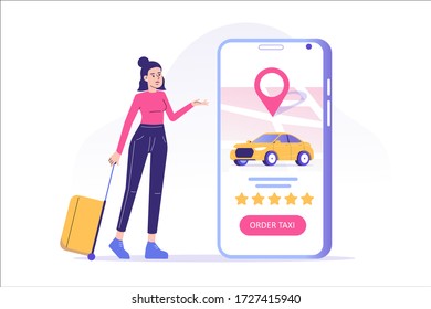 Online taxi ordering concept. Young woman standing with suitcase, ordering taxi or renting car online with smartphone app service. App screen with car and location pin on map. Vector illustration 