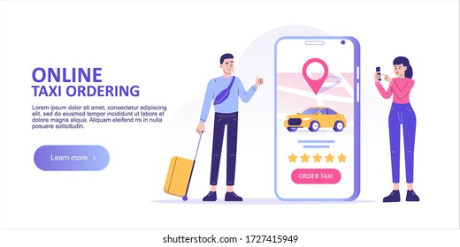 Online taxi ordering concept. Young people standing with suitcase, ordering taxi or renting car online with smartphone app service. Landing page template. Web banner. Isolated vector illustration 